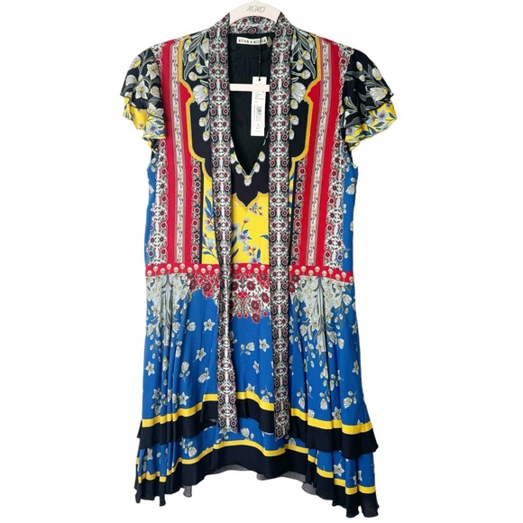 NWT Alice + Olivia Moore Floral Tie-Neck Layered Flutter Sleeve Tunic Dress XS - Picture 5 of 9